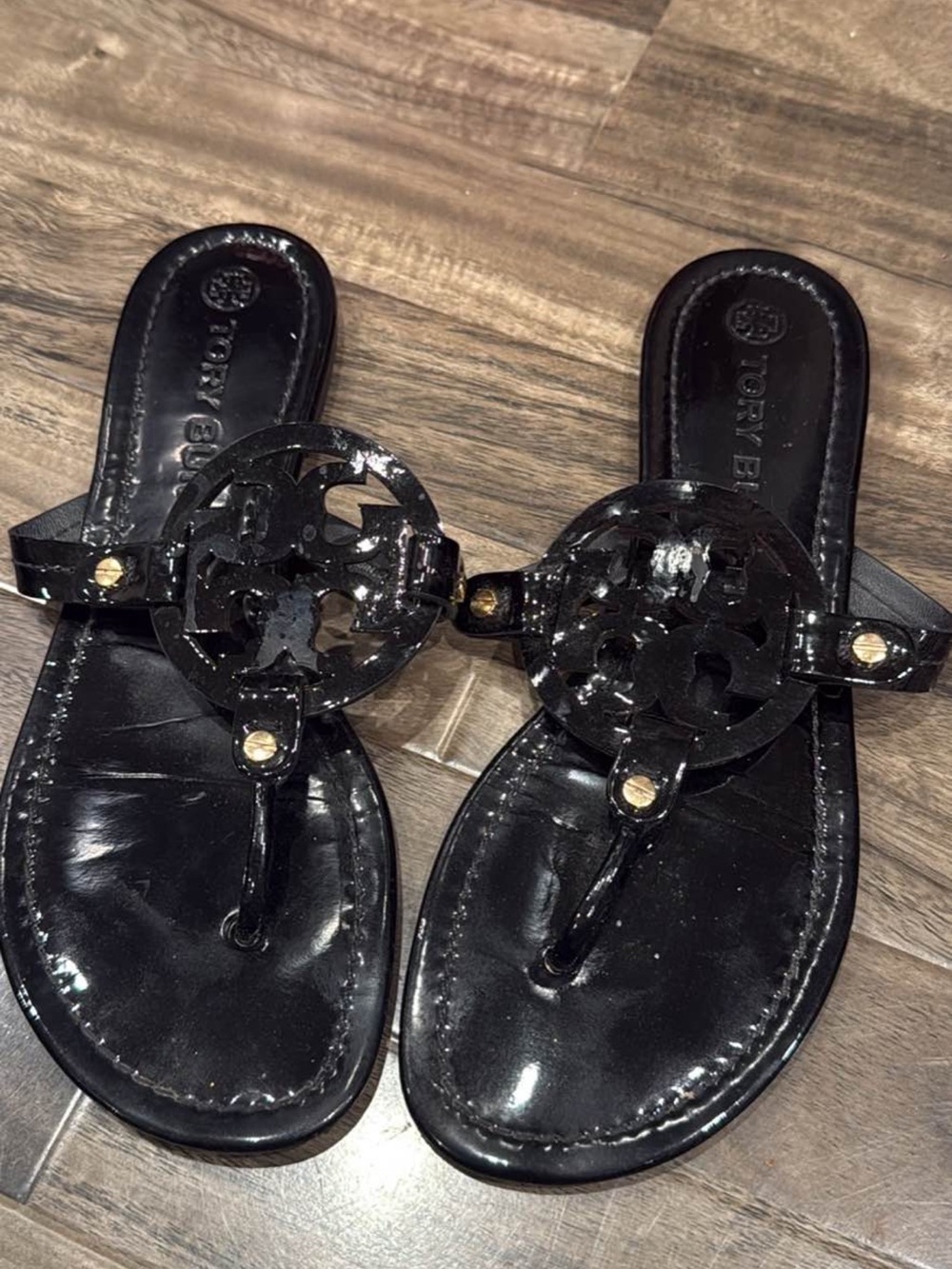Tory Burch Black Patent Leather Logo Thong Sandals